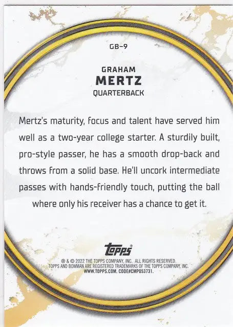 Football player card of Graham Mertz featuring Bowman University Golden Boy description