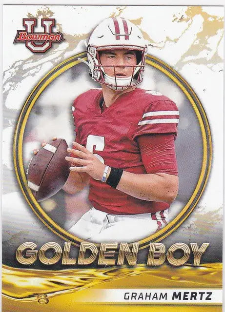 Football trading card of Graham Mertz in red jersey for Bowman University Mertz Golden Boy