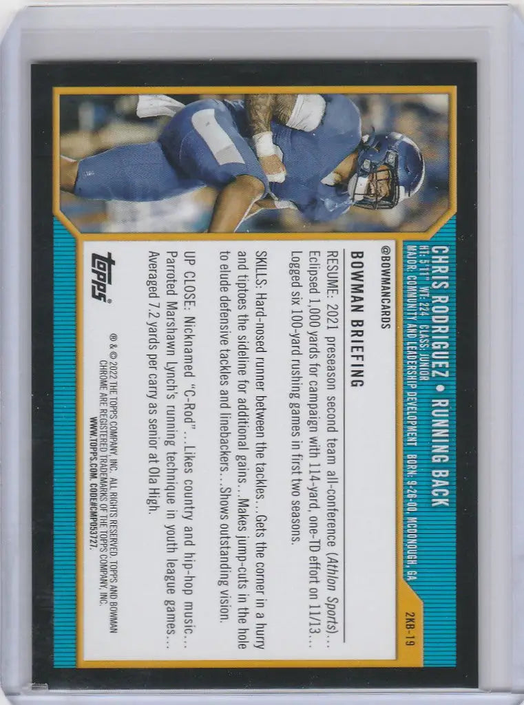 Football trading card of Chris Rodriguez making a catch in Bowman University Retro design