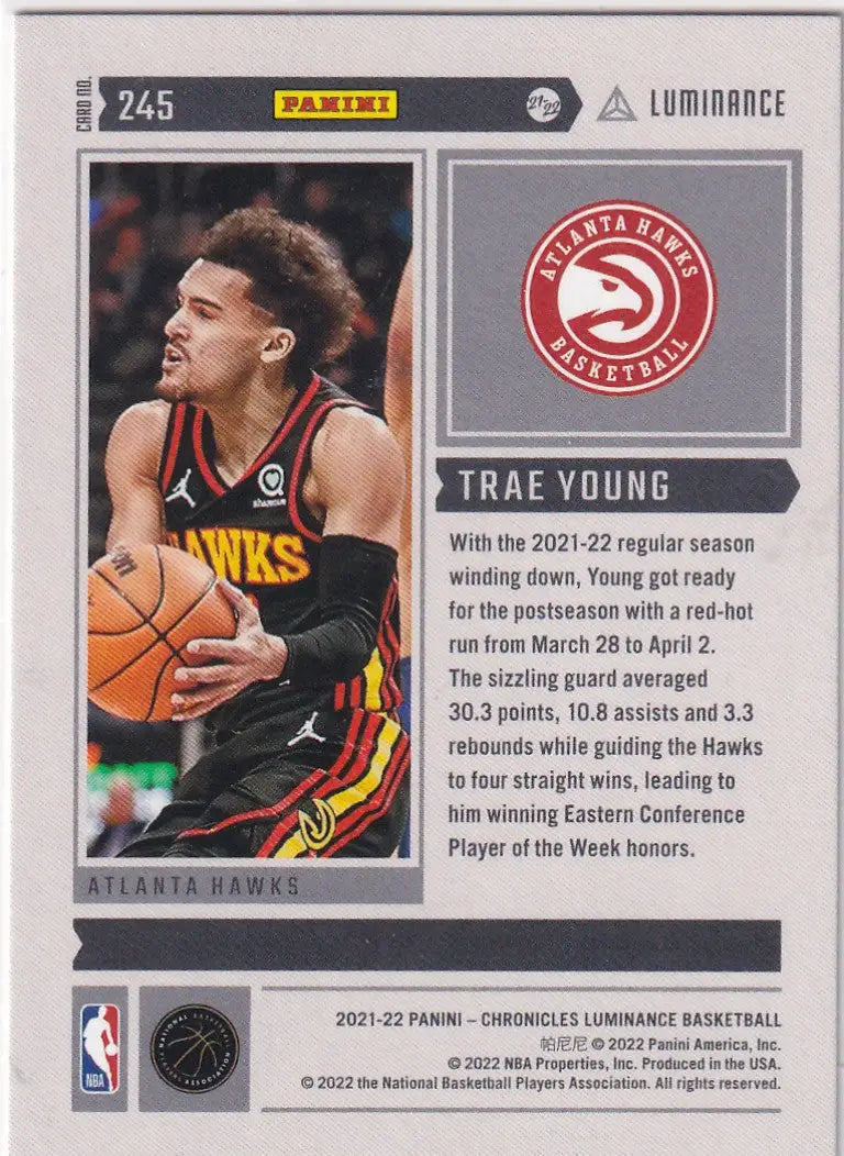 2021-22 CHRONICALS LUMINANCE #245 TRAE YOUNG PINK- ATLANTA HAWKS - Basketball Card Single
