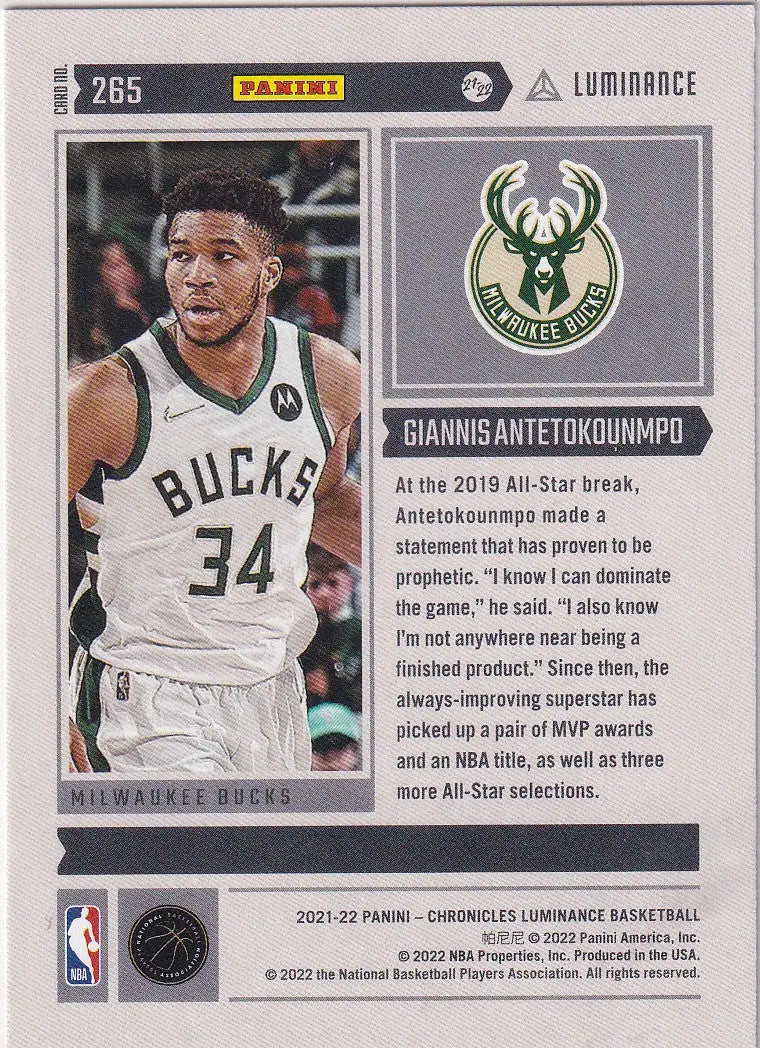 2021-22 CHRONICALS LUMINANCE #265 GIANNIS ANTETOKOUNMPO- MILWAUKEE BUCKS - Basketball Card Single