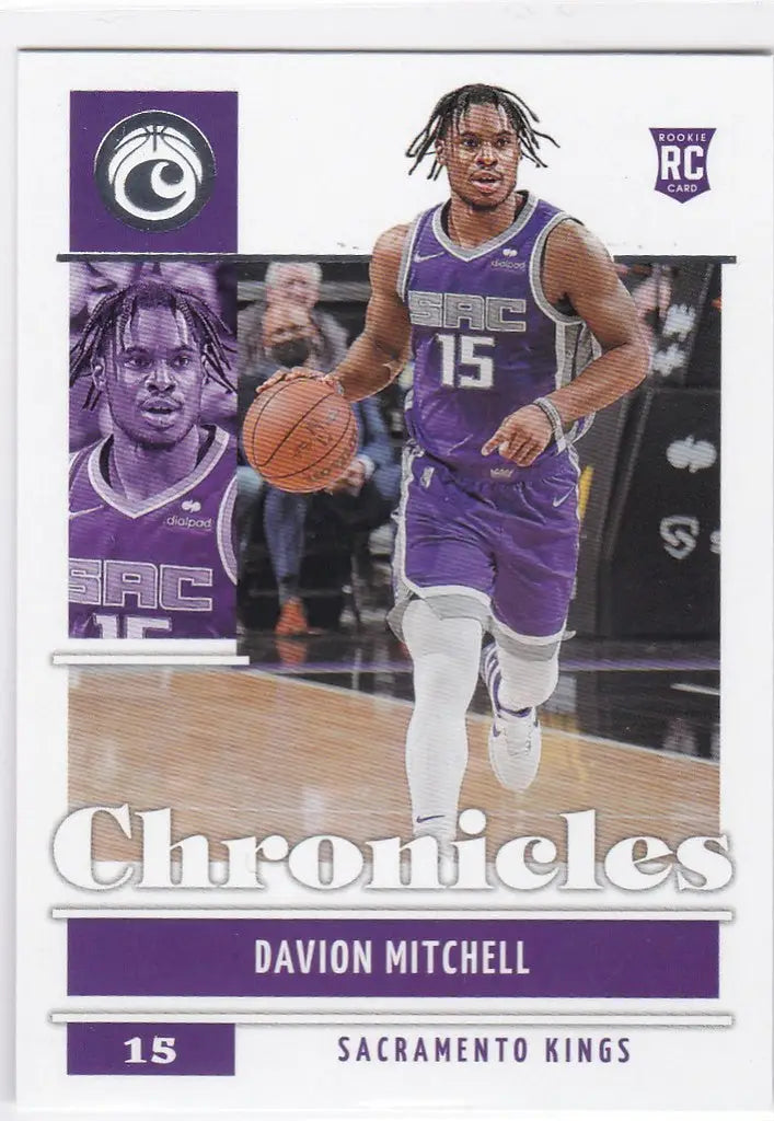 Basketball trading card of Davion Mitchell RC Sacramento Kings in purple jersey 15