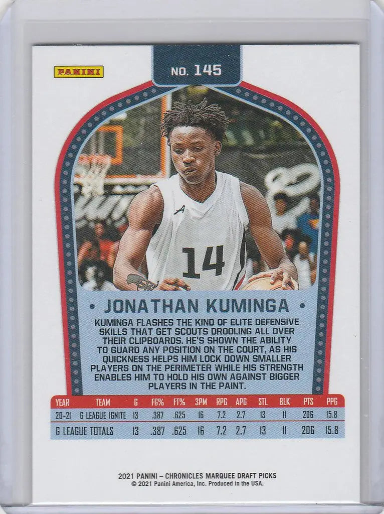Basketball trading card of Jonathan Kuminga in white jersey, Chronicles Draft Picks Marquee