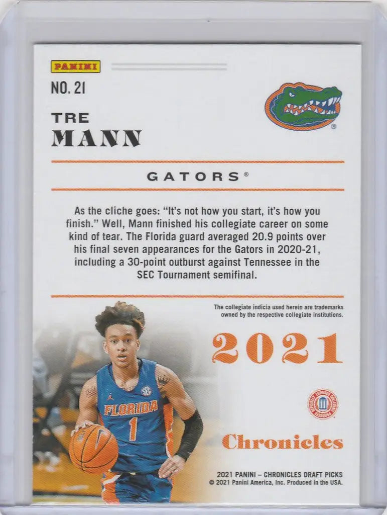Basketball trading card of Tre Mann in blue Florida Gators uniform from 2021-22 Chronicles Draft