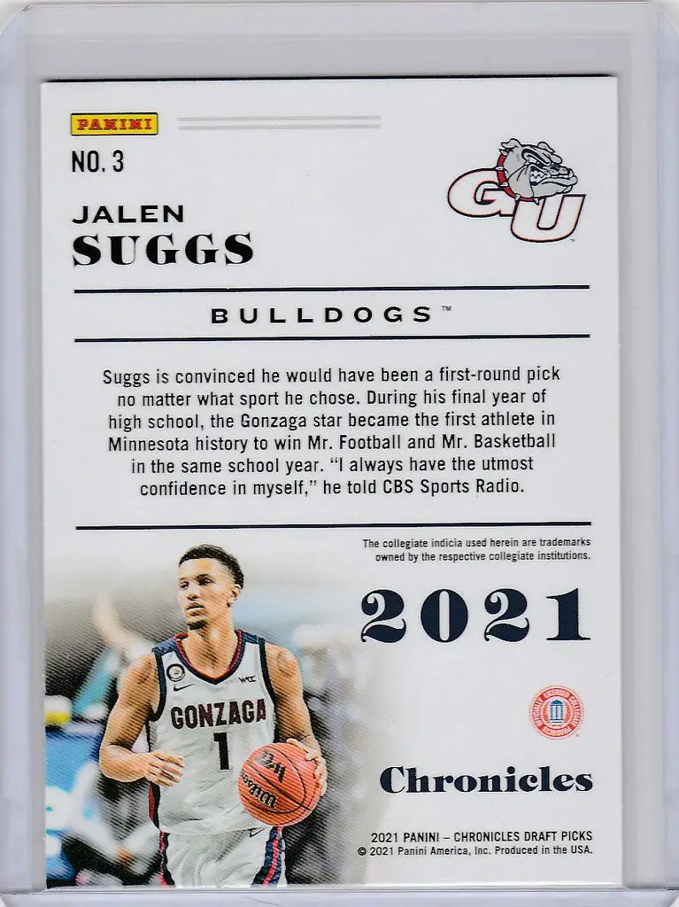 Basketball trading card of Jalen Suggs Gonzaga from 2021-22 Chronicles Draft Picks