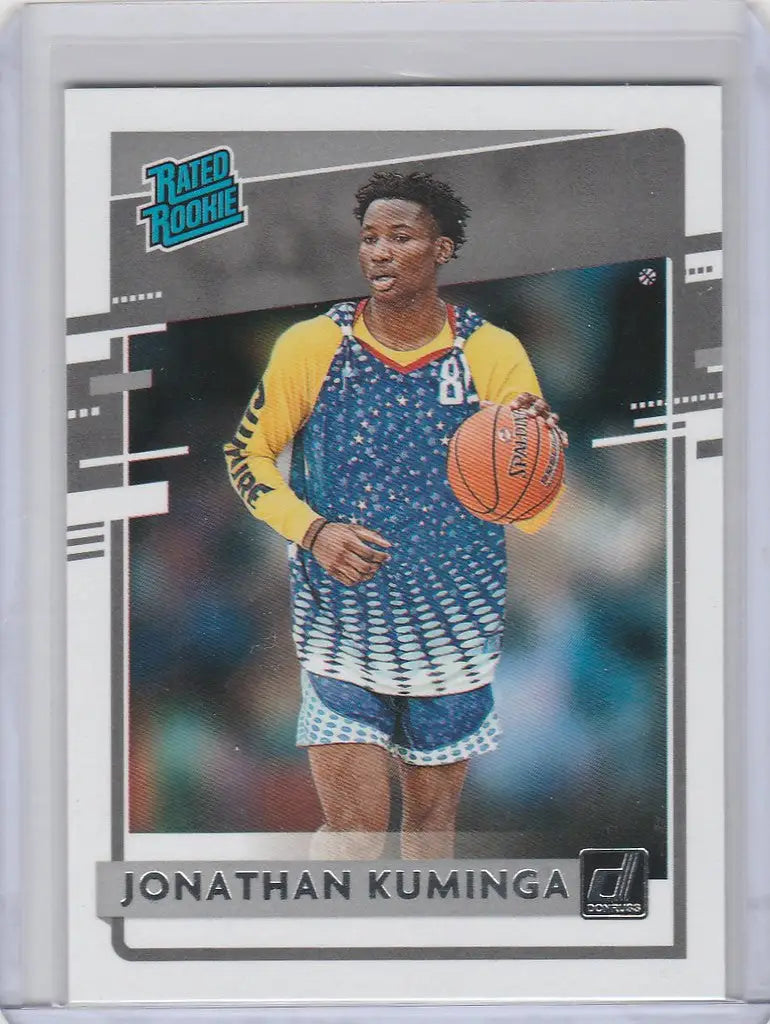 Basketball trading card of Jonathan Kuminga in blue and yellow uniform from Chronicles Draft Picks