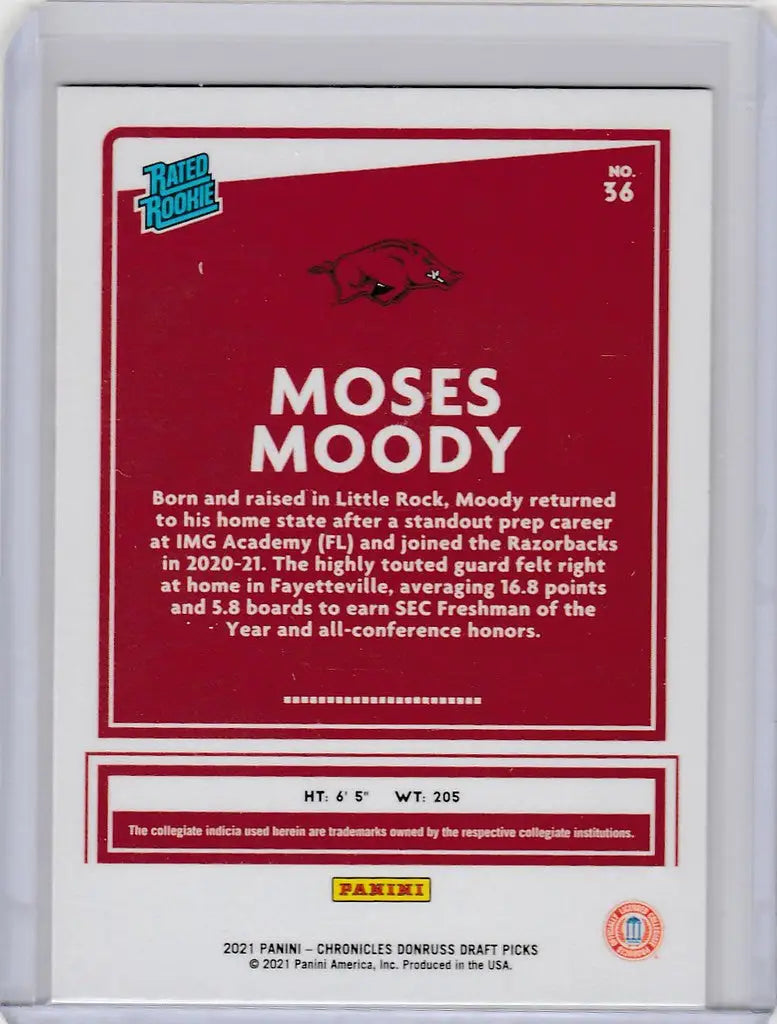 Moses Moody Arkansas sports trading card on red background from 2021-22 Chronicles Draft Picks