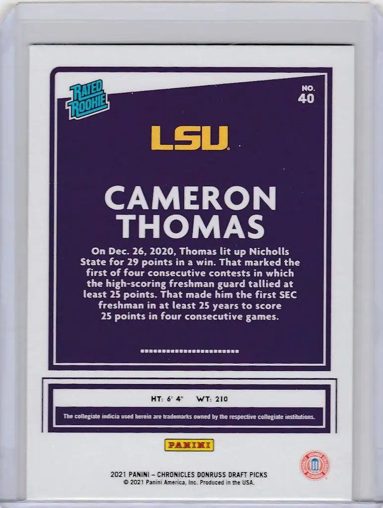 Sports trading card of Cameron Thomas LSU from 2021-22 Chronicles Draft Picks