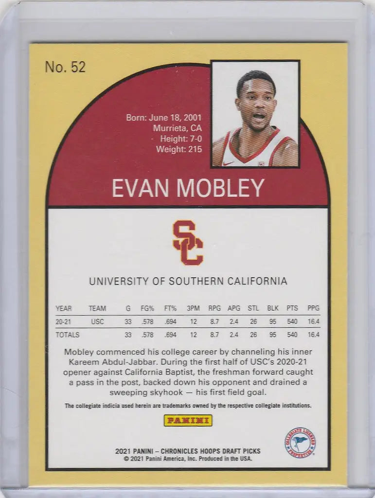 Basketball trading card of Evan Mobley USC from 2021-22 Chronicles Draft Picks Hoops