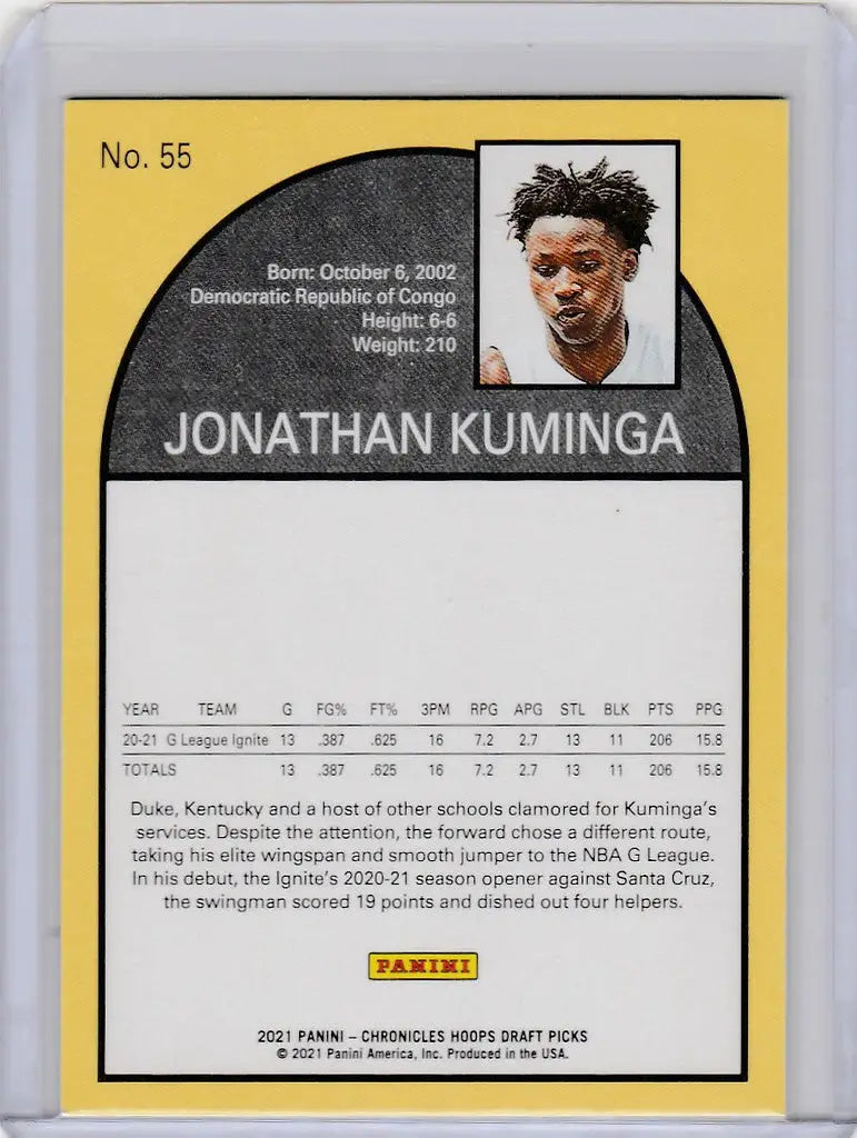 Sports trading card of Jonathan Kuminga from 2021-22 Chronicles Draft Picks
