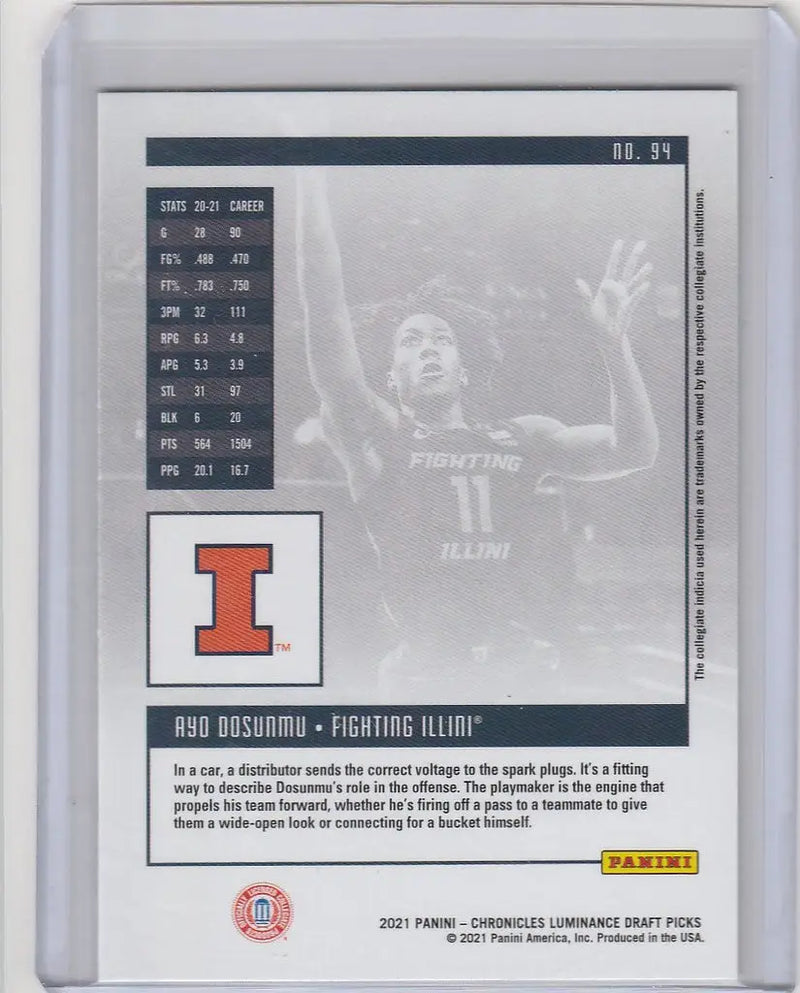 Basketball trading card of Ayo Dosunmu in action with Illinois for 2021-22 Chronicles Draft