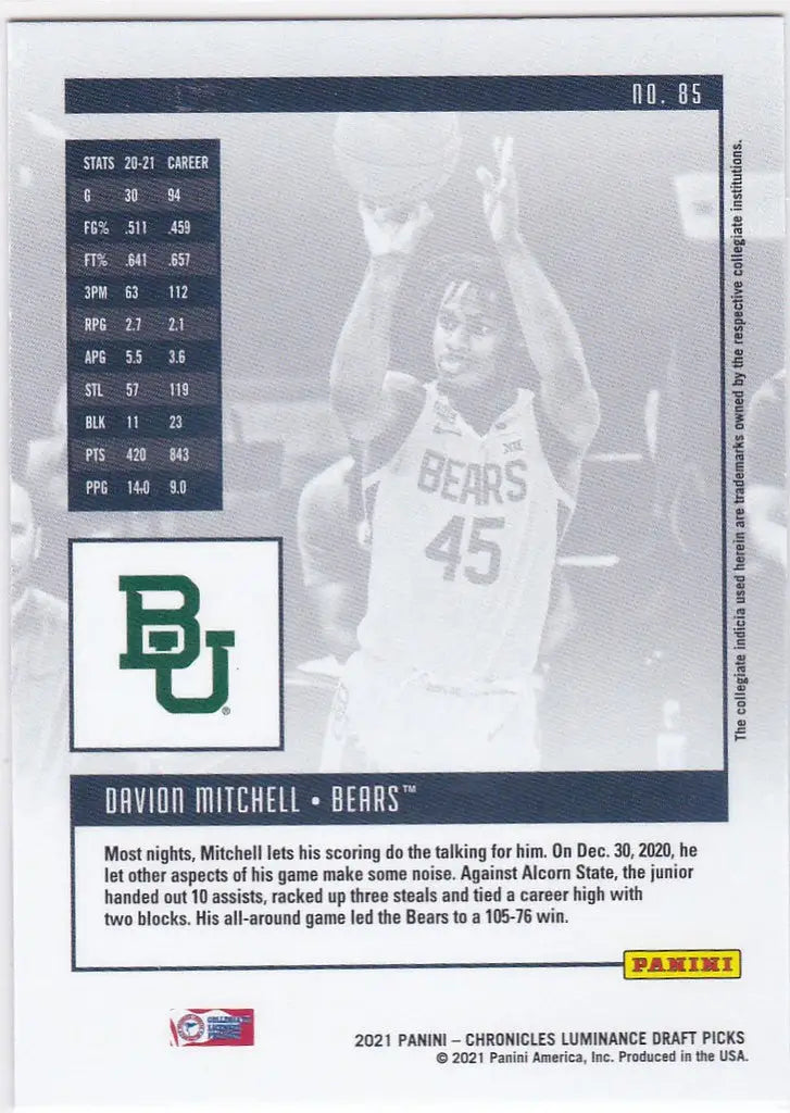 2021-22 Chronicles Luminance #85 Davion Mitchell RC Sacramento Kings