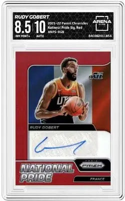 Encased 2021-22 Chronicles Rudy Gobert National Pride Sig basketball card with grade 8.5