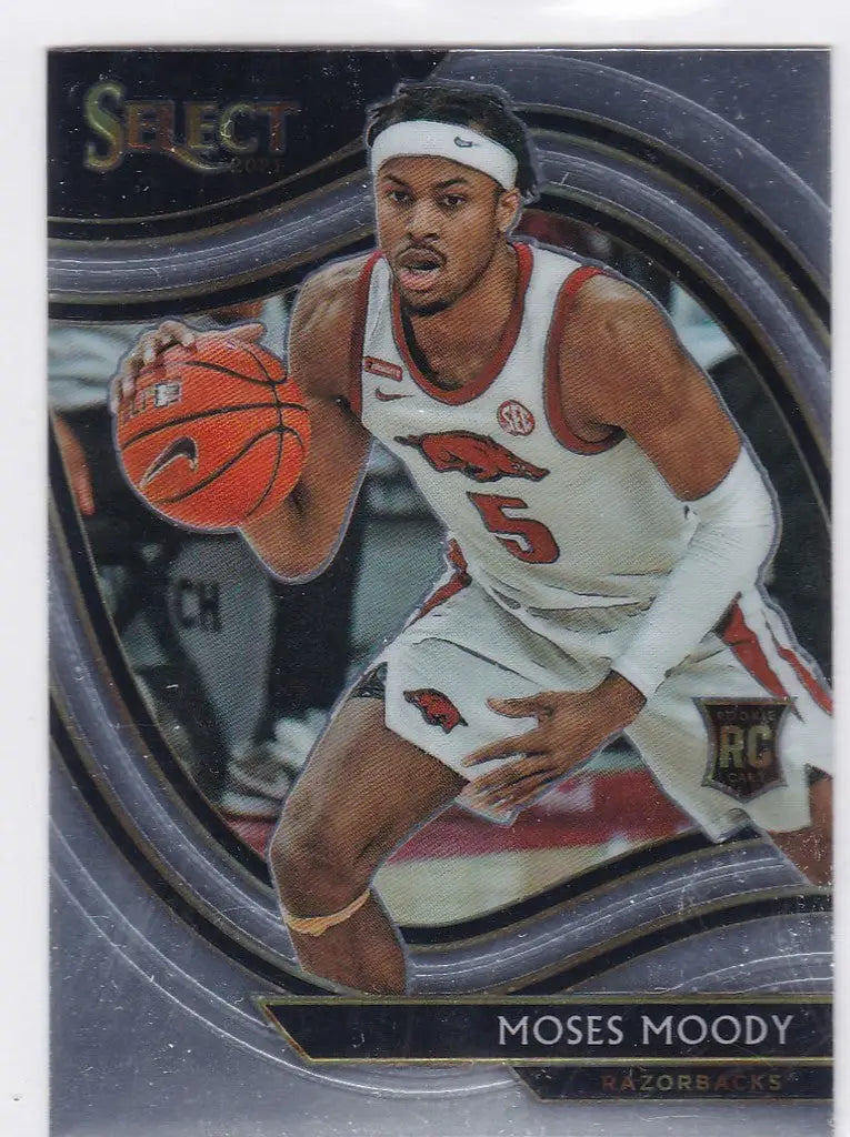 Basketball trading card of Moses Moody dribbling in a white uniform, Chronicles Select Draft