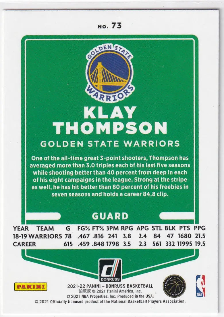 2021-22 DONRUSS #73 KLAY THOMPSON GREEN CRACKED ICE- GOLDEN STATE WARRIORS