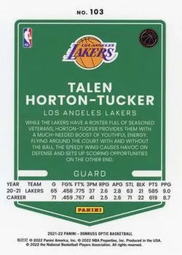 Basketball card showing Talen Horton-Tucker from Donruss Optic 2021-22 Lakers series