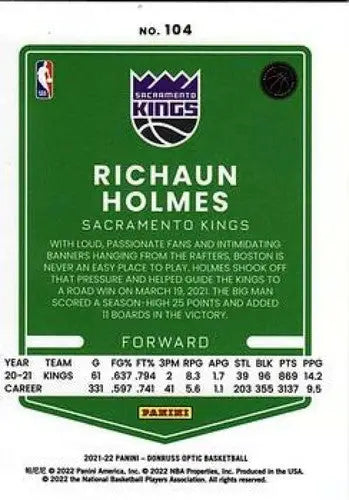 2021-22 Donruss Optic Richaun Holmes basketball card with original gloss and vibrant design