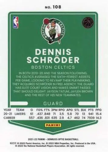 Dennis Schroder basketball card from Donruss Optic with original gloss and Celtics ID