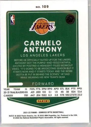 Carmelo Anthony basketball card from Donruss Optic with original gloss in the 2021-22 Lakers set