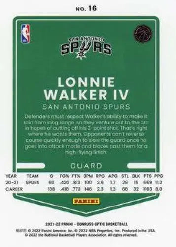 2021-22 Donruss Optic #16 Lonnie Walker IV NM-MT Spurs ID:48996 - Basketball Card Single