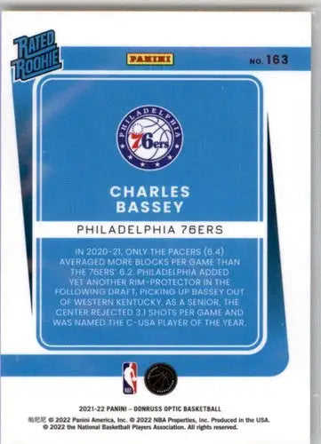 Basketball card back with original gloss from Donruss Optic featuring Charles Bassey rookie