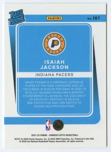 Basketball card back featuring Isaiah Jackson from 2021-22 Donruss Optic with original gloss