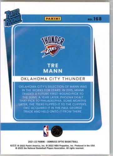 Original gloss Donruss Optic Tre Mann basketball rookie card featuring Thunder rated rookie
