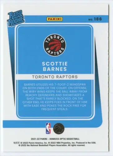 2021-22 Donruss Optic #186 Scottie Barnes NM-MT RC Rookie Raptors Rated ID:49372 - Basketball Card Single