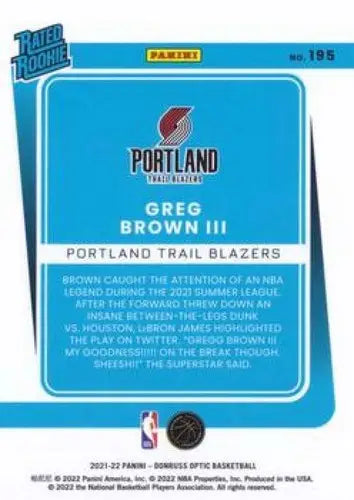 Basketball card featuring Greg Brown III from 2021-22 Donruss Optic series