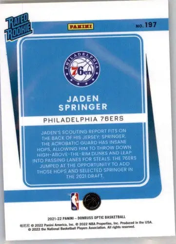 Jaden Springer basketball card from 2021-22 Donruss Optic with original gloss and rated R