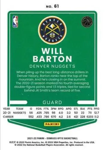 2021-22 Donruss Optic #61 Will Barton NM-MT Nuggets ID:49383 - Basketball Card Single