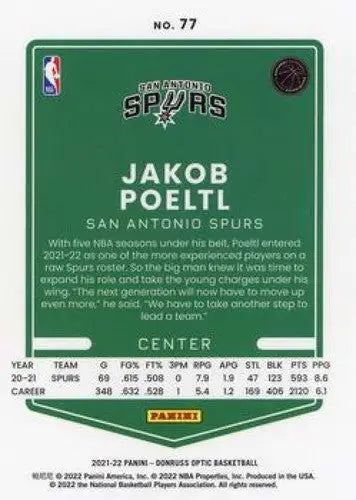 2021-22 Donruss Optic Jakob Poeltl basketball card with original gloss Spurs ID 48957
