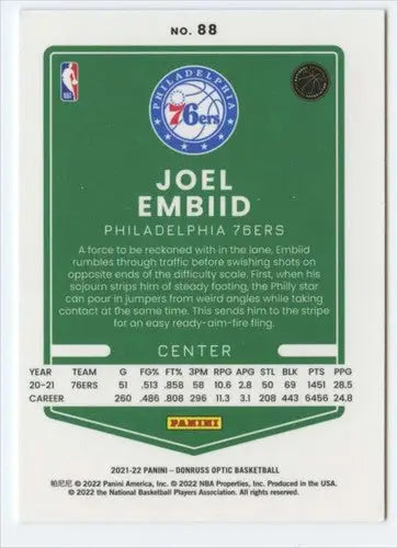 Joel Embiid basketball card from Donruss Optic with original gloss and numbered 76ers card