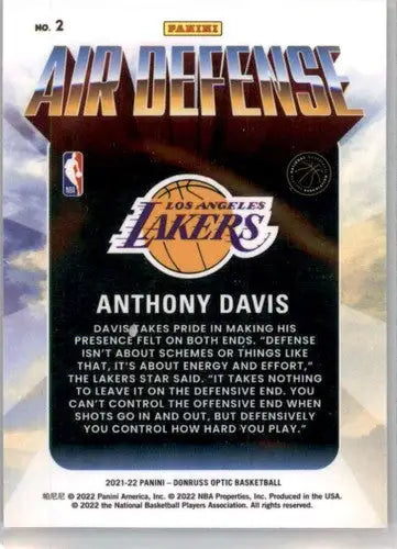 Anthony Davis basketball card from 2021-22 Donruss Optic Air Defense series