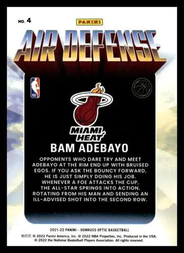 Bam Adebayo basketball card from 2021-22 Donruss Optic Air Defense series