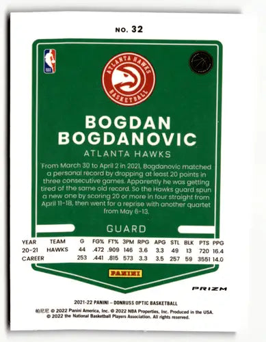 2021-22 Donruss Optic Purple #32 Bogdan Bogdanovic NM-MT Hawks ID:49235 - Basketball Card Single
