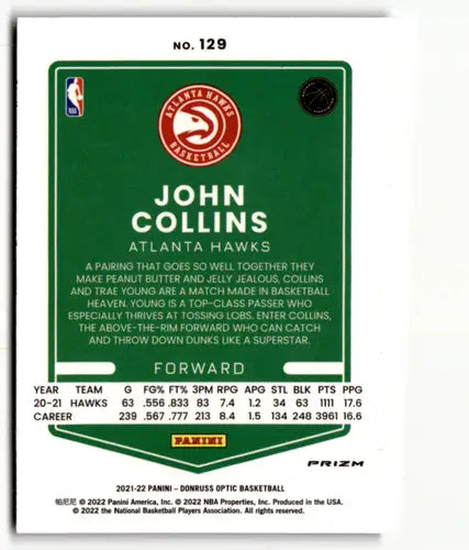John Collins basketball card from 2021-22 Donruss Optic Purple Prizm collection