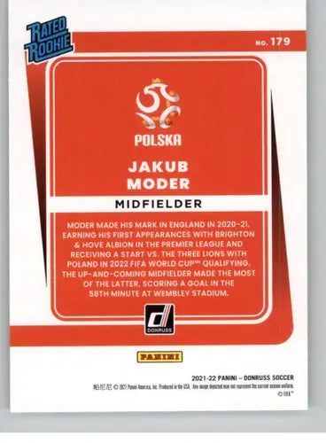 Original gloss Jakub Moder soccer card from Donruss Road to Qatar series