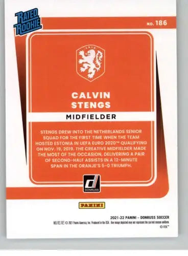 Original gloss soccer trading card of Calvin Stengs from Donruss Road to Qatar 2021-22