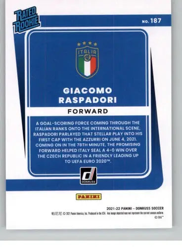 Giacomo Raspadori soccer card from Donruss Road to Qatar with original gloss