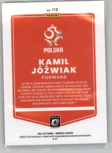 Soccer trading card from 2021-22 Donruss Road to Qatar Optic series featuring Kamil Jozwiak