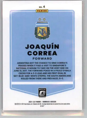 Joaquin Correa soccer card from 2021-22 Donruss Road to Qatar Optic series