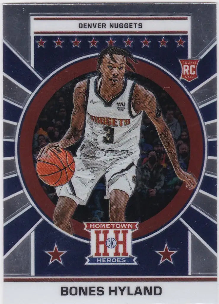 Basketball trading card of Bone Hyland in Denver Nuggets jersey dribbling ball