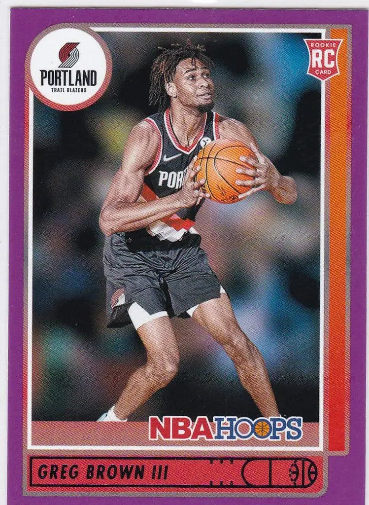 Basketball trading card of Greg Brown III RC Purple Parallel for Portland Trail Blazers