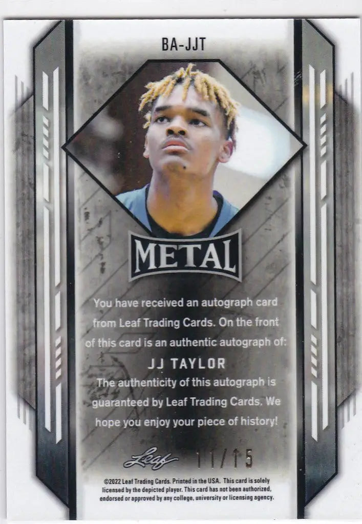 Autographed trading card of JJ Taylor with blonde hair in a METAL shirt, Leaf Metal Black Rainbow Auto