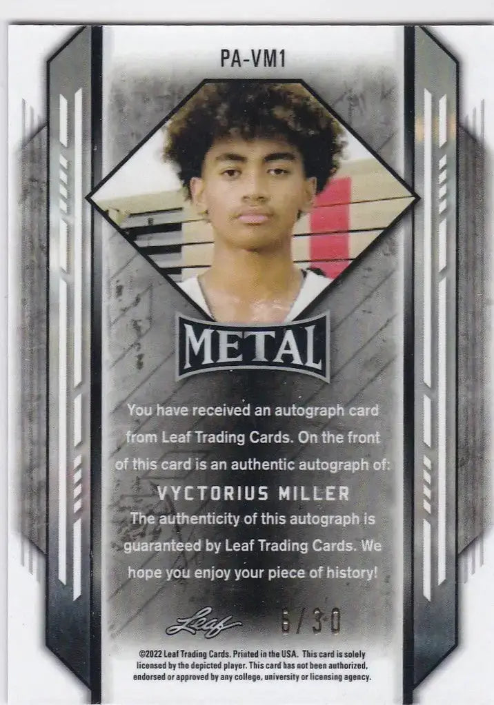 2021-22 Leaf Metal #PA-VM1 Vyctorius Miller Blue Wave Auto 6/30