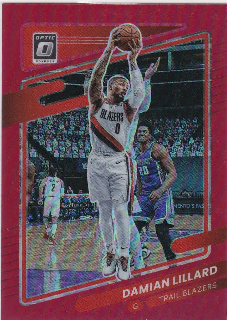 Basketball trading card of Damian Lillard in white Portland Trail Blazers uniform, Lillard Red Parallel