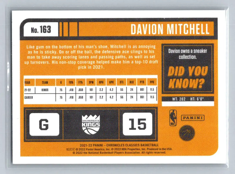 2021-22 Panini Chronicles #163 Davion Mitchell Sacramento Kings Rookie - Basketball Card Single