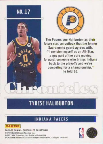 Original gloss Panini Chronicles Tyrese Haliburton basketball card for Indiana Pacers