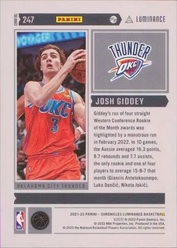 2021-22 Panini Chronicles #247 Josh Giddey NM-MT Thunder Luminance ID:47928 - Basketball Card Single